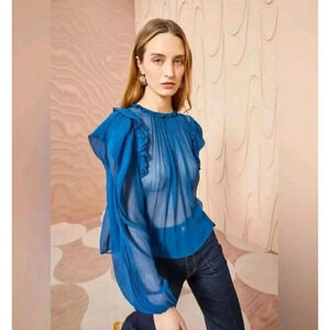 NEW $500 Ulla Johnson Elvia Ruffled 100% Silk Sheer Top Sz 0 Sapphire Blue